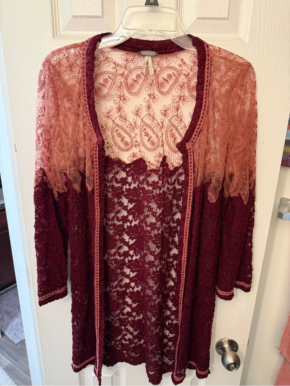 BKE Lace Open-Front Cardigan in Burgundy and Dusty Rose